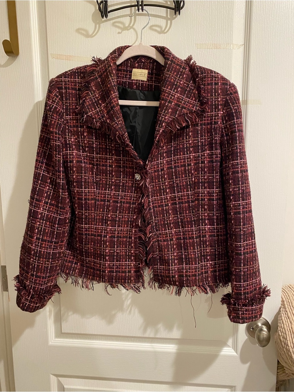 Michele Burgundy Plaid Tweed Fringed Blazer with Crystal Buttons